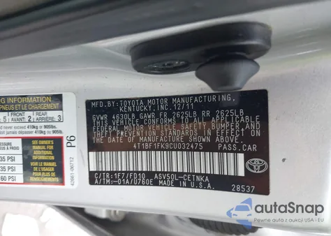 2012 Toyota Camry Se/Le/Xle from USA, damaged, VIN 4T1BF1FK9CU032475
